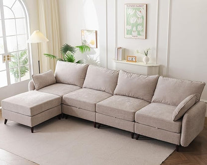 Rexulqo 135'' Modular Sectional Sofa with All Seats Storage, Oversized L Shaped Couch for Living Room,4-Seater Comfy Cloud Couches with Movable Ottoman,Big Sectional for Bedroom,Velet,Khaki