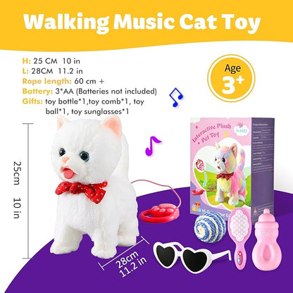 White Leash Walking Cat Set Interactive Talking Cat Singing Dancing Kitten Mimicking Repeat What You Say Kitty Touch and Voice Control Nodding Wagging Tail Plush Electric Kitty for Kid Gril