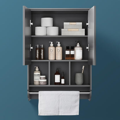 Bathroom Wall Cabinet with Towel Bar, Wooden Medicine Cabinet Adjustable Shelves