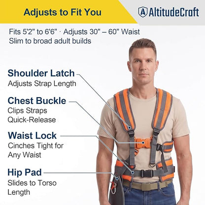 Adjustable Weed Eater Strap, Padded 5-Point Trimmer Harness | Hi-vis orange weed wacker strap harness for string trimmers and brush cutters. Designed for left- or right-handed use.