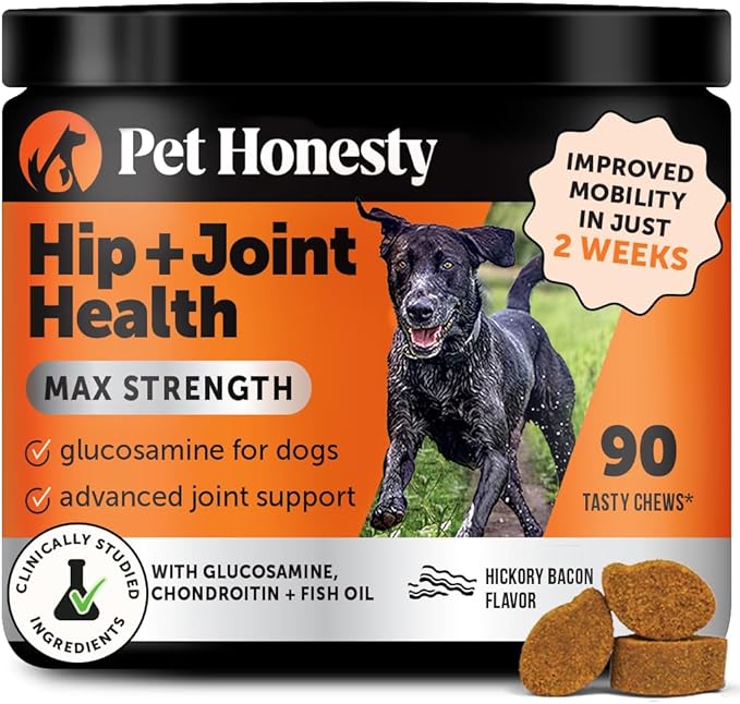 Pet Honesty Hip & Joint Health Max Strength - Natural Joint Supplement for Dogs Chews - Glucosamine, Omega-3s, Chondroitin, Green Lipped Mussel - Help Improve Mobility, May Reduce Discomfort (90 ct)