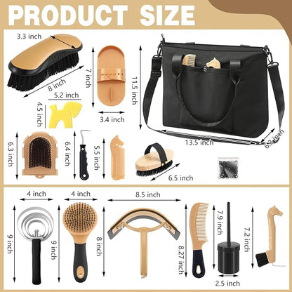 Abbylike 15 Pieces Horse Grooming Kit with Organizer Tote Bag Tack Room Supplies Horse Brush Sets Care Equine Cleaning Kit Shedding Grooming Massaging Tools(Black)