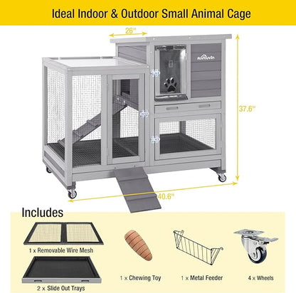 Aivituvin Rabbit Hutch Large Wooden Bunny House Guinea Pig Cages on Wheels, Two Trays, Indoor Outdoor