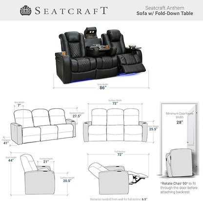 Seatcraft Anthem Italian Leather Sofa w/Fold-Down Table & Loveseat w/Storage Console, Living Room, Power Headrest, Power Recline, Black