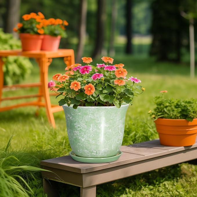 Ceramic Pots for Plants - 10 Inch Plant Pot for Indoor Outdoor, Round Planter with Drainage Hole and Saucer, Decorative Plant Pots, Modern Flower Pot, Home Porch Decor, Garden Gifts, Green
