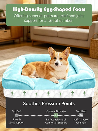 Spotted Play Orthopedic Dog Bed with Sides - Sofa Beds for Medium Dogs, Supportive Foam Pet Couch Bed with Washable Removable Cover, Waterproof Lining and Non-Slip Bottom, Ice Blue - M