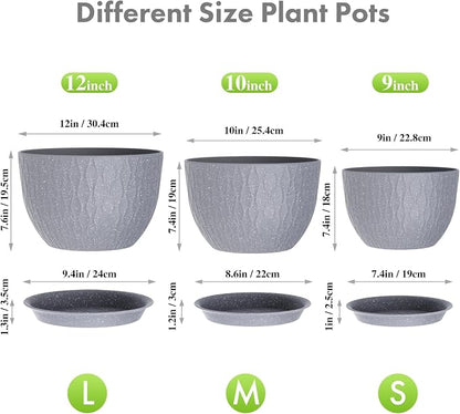 Meowell Large Flower Pots 12/10/9 inch, 3 Set Big Plant Pots for Outdoor Indoor Plants with Water Ripples, Wide Plastic Planters with Drainage Holes and Saucers for Garden House Plants, Speckled Grey