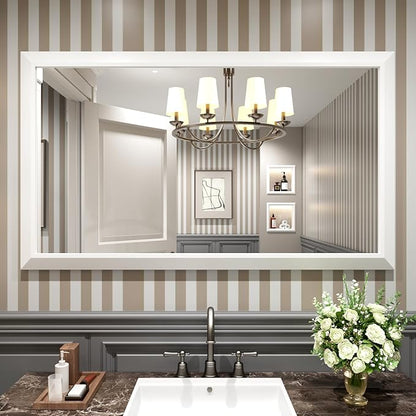 Amorho Bathroom Mirror, 55x32 Inch White Thick Metal Framed Wall Mirrors