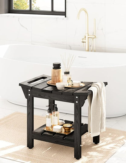 Waterproof Shower Bench, Poly Lumber Shower Stool for Shaving Legs, Shower Chair Seat with Storage Shelf and Handles, Bathroom Bench for Inside Shower, Non-Slip (Black)