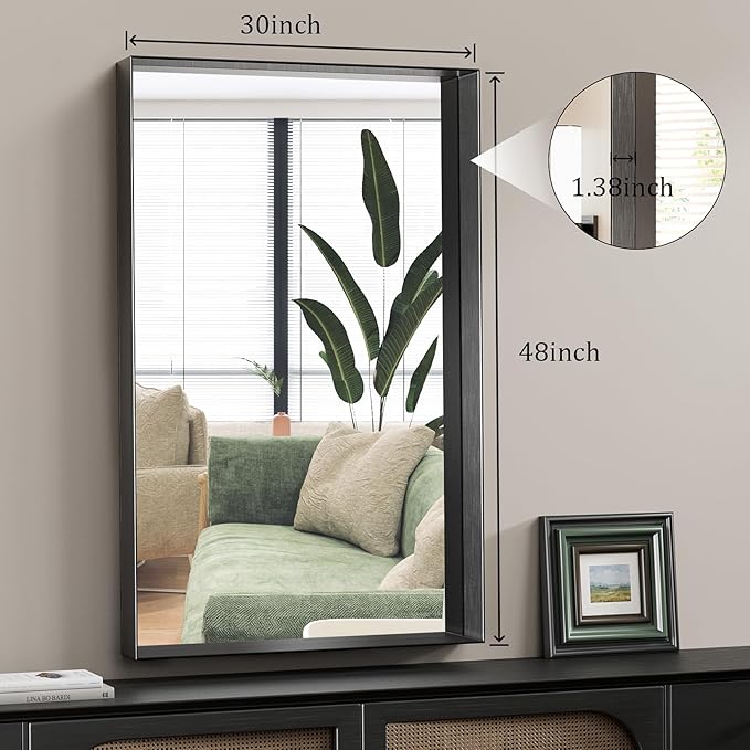 Koonmi 30x48 Inch Black Metal Framed Bathroom Mirror