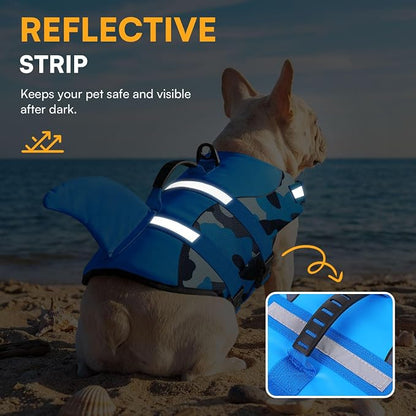 Dog Life Jacket Ripstop Dog Shark Safety Vest Adjustable Preserver with High Buoyancy and Durable Rescue Handle for Small,Medium,Large Dogs, Blue Camouflage Medium