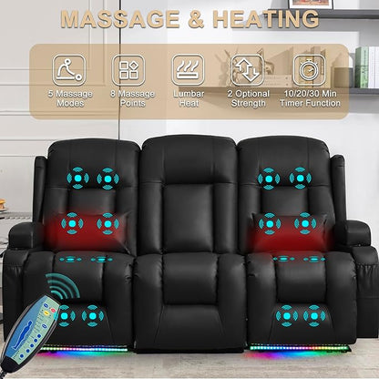 URRED Loveseat Recliner Sofa with Massage and Heat, Flip Middle Backrest Design 3 Seat Power Reclining RV Sofa Couch, Home Theater Seating with LED Lights, USB Ports, Outlets, Faux Leather, Black