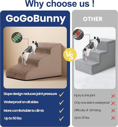 GoGoBunny Waterproof High Density Foam Curved Dog Stairs for High Beds Couches 19.7" H, 4-Step Ramp Dog Steps Friendly to Small Medium Dogs or Pets Joints, Non-Slip Balanced Durable Pet Step, Camel