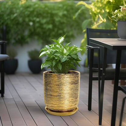 Ceramic Flower Pot for Indoor Plants - 10 Inch Plant Pot with Drainage Hole and Saucer, Decorative Round Outdoor Indoor Planter, Housewarming Gifts, Home Garden Decor, Gold