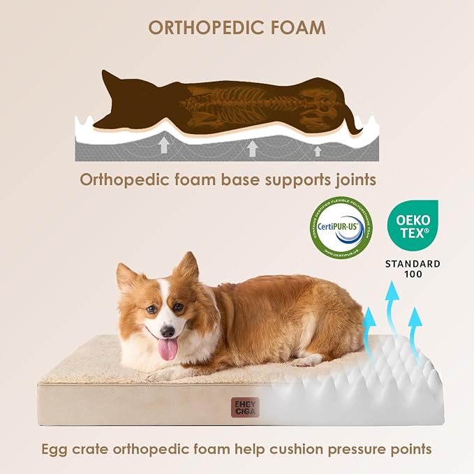 EHEYCIGA Orthopedic Dog Bed Large with Removable Washable Cover, 50IN Khaki | Egg Crate Foam Support, Durable Oxford fabric, Non-Slip Bottom, Machine Washable, Soft Waterproof Plush Pet Bed Mat For Crate