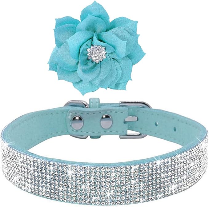 Serijoars Small Dog Collar with Rhinestone Crystal Diamond Colorful Bling Girl Puppy Cat Collars (L, Light Blue6)