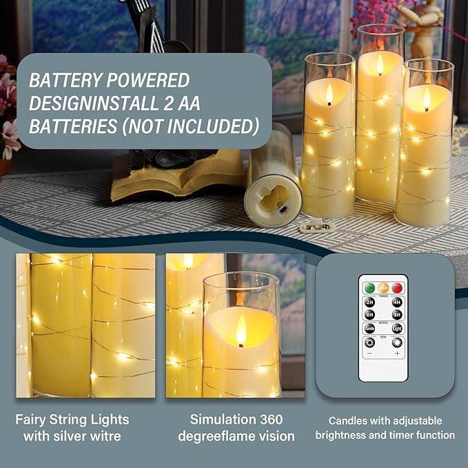 Flameless Candles with Embedded Star String, Battery Operated LED Pillar