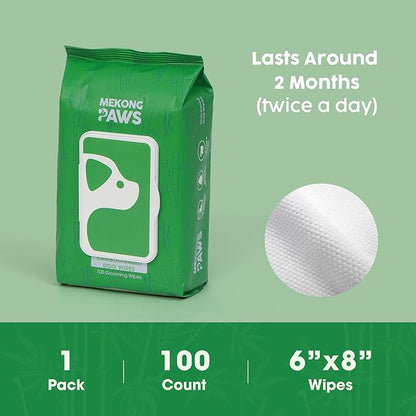 Unscented Pet Grooming Wipes - Natural Bamboo Fiber - Cleansing Wipes for Dog & Cat - Soft & Caring for Sensitive Skin - Durable & Tear Resistant for Paw, Coat & Bum Freshening - 100 Count