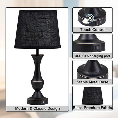 Luvkczc Black Touch Table Lamps Set of 2, 22" Tall Bedside Lamps with USB C+A Charging Ports, Nightstand Lamps for for Bedroom, Living Room, Office, with Black Lampshade, LED Bulb Included