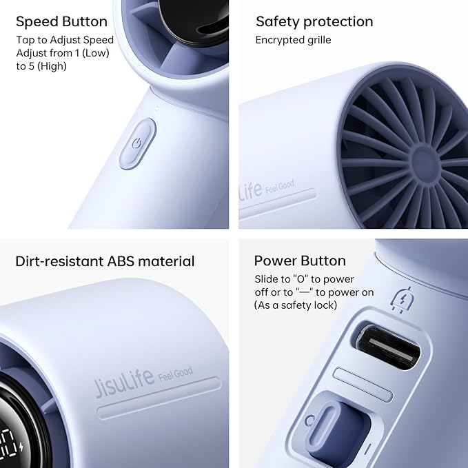 JISULIFE Handheld Turbo Fan, 5000mAh Rechargeable Portable Fans, 5 Speed Strong