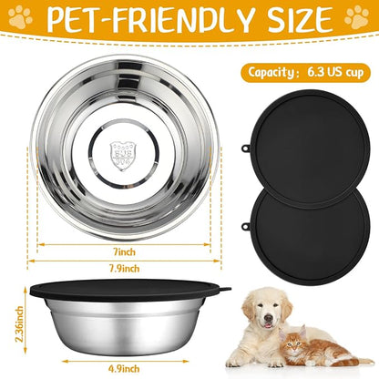 Patelai 4 Pcs Stainless Steel Dog Bowls 7.9" with Silicone Lids Portable Food and Water Dishes for Pets Sealable Containers for Small Medium Dog Cat Indoor (Black)