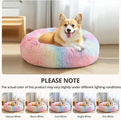 JOLLYVOGUE Calming Dog Bed for Small Dogs - 23 inches Donut Washable Small Dog Bed for Kittens & Puppies, Anti-Slip Round Fluffy Plush Faux Fur Cat Beds (Fits up to 25 lbs Pets, Rainbow)
