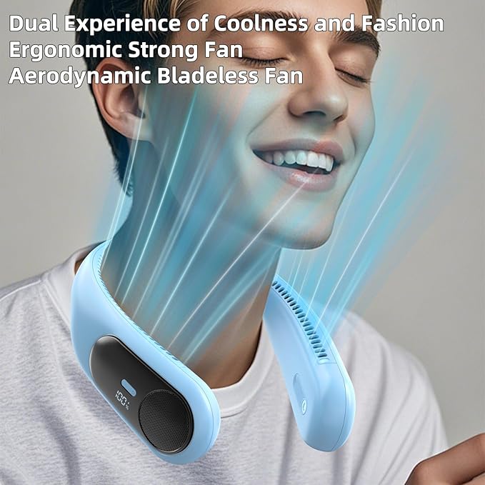 Portable Neck Fan, Personal Wearable Bladeless Fan, LED Display, 6000mAh USB