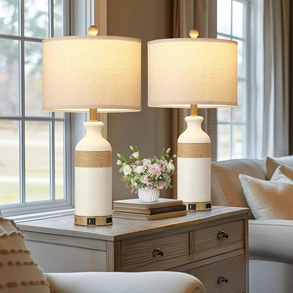 Boho Rattan Table Lamps for Bedroom Nightstand 26" Farmhouse Bedside lamp Set of 2 with USB C+A Ports & AC Outlet,3-Way Dimmable Touch Control Vintage Lamps for Living Room(Include Bulbs)