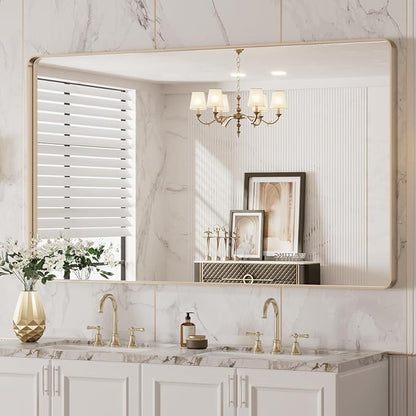 LOAAO 50”X30” Gold Bathroom Mirror, Rounded Rectangle Gold Frame Mirror