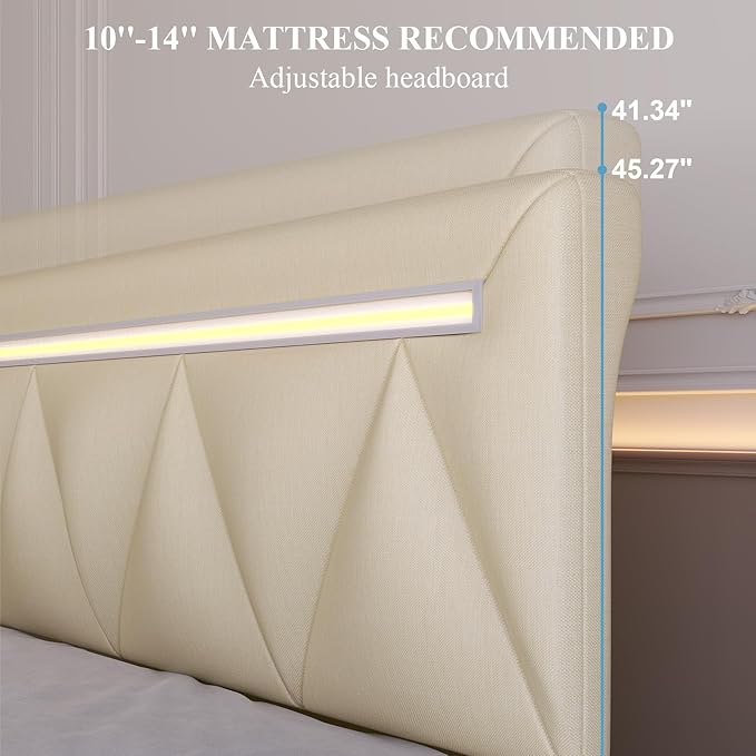 Full Size Bed Frame with Bluetooth Speaker, LED Lights and Charging Station, Faux Leather Linen Fabric Adjustable Headboard,Modern Upholstered Bed, Wood Slat Support, Easy Assemble, Beige
