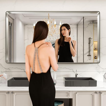 LOAAO 72X40 Inch Brushed Nickel Bathroom Mirror, Rounded Rectangle Silver Metal