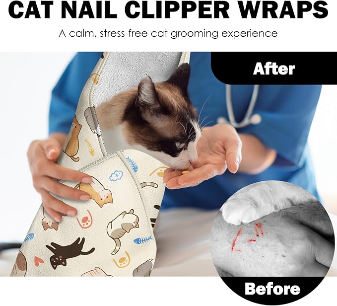 27.6" Cat Grooming Wrap, Self Adhesive Cat Wrap for Cutting Nails, Anti-Escape Calming Cat Swaddle Wrap for Medicine Ear Cleaning, Anti-Scratch Cats Burrito Restraint Blanket, Pet Tool (6-10 lbs)
