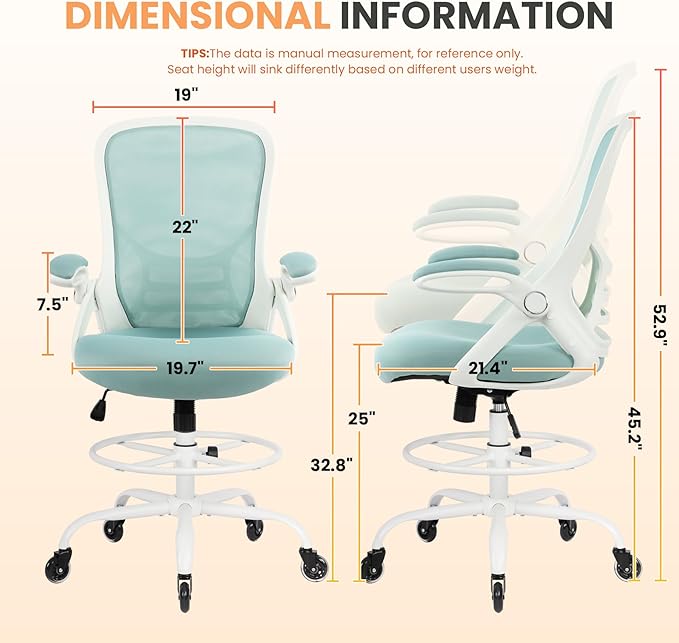 HYLONE Drafting Chair Tall Office, Ergonomic Standing Desk Stool Adjustable Drafting Chair Big Tall Drafting Office Chair Blue