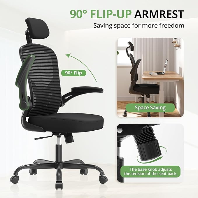 Office Chair Ergonomic Desk Chair, 330LBS Capacity, High Back Computer Chair for Long Hours Comfortable, Rolling Swivel Executive Task Chair for Home Office with Flip-up Armrests, Black