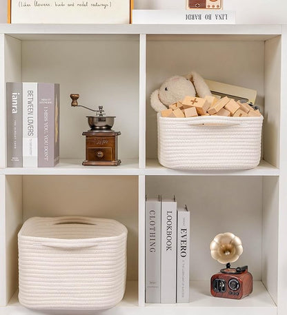 CubesLand Woven Cotton Rope Basket for Laundry, Book, Nursery, Clothes, Shoes, Toys Organizing and Bedroom Home&Living Room Decor, with Durable Handle, Rectangular 14x10x7.08IN White