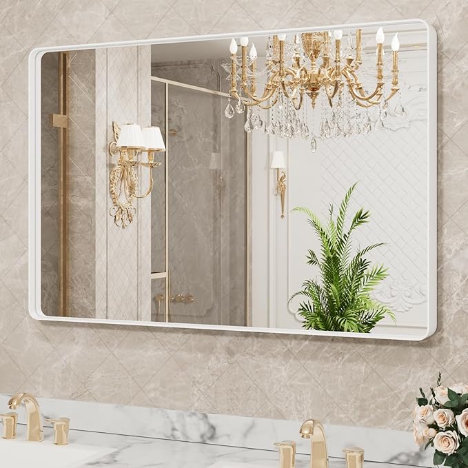 LOAAO 40x30 Inch White Metal Framed Bathroom Mirror