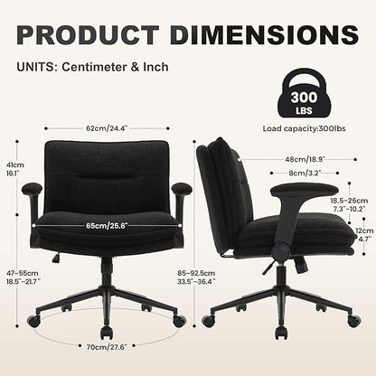 Criss Cross Legged Office Chair with Wheels and Flip-Up Arms, Ergonomic Wide Seat Desk Chair with Thick Padded, Height Adjustable Criss Cross Chairs for Home Office, Bedroom,Apartment,Vanity,Black