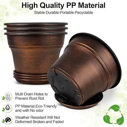 Plant Planters Pots Set of 4 Pack 8 Inch, Plastic Flower Pot For Indoor Plants With Drainage Holes & Trays, Resin Decorative Container Sets With Saucer For House Outdoor Garden Planters Copper