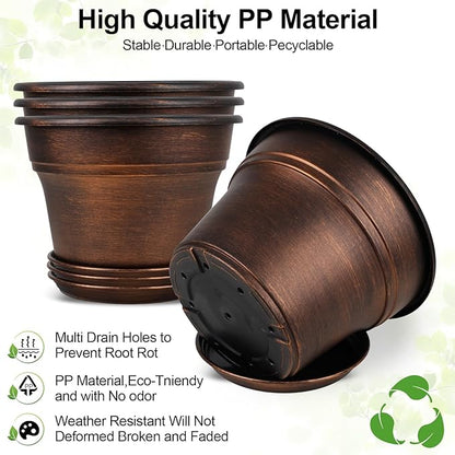 Plant Planters Pots Set of 4 Pack 11 Inch, Plastic Flower Pot For Indoor Plants With Drainage Holes & Trays, Resin Decorative Container Sets With Saucer For House Outdoor Garden Planters Copper