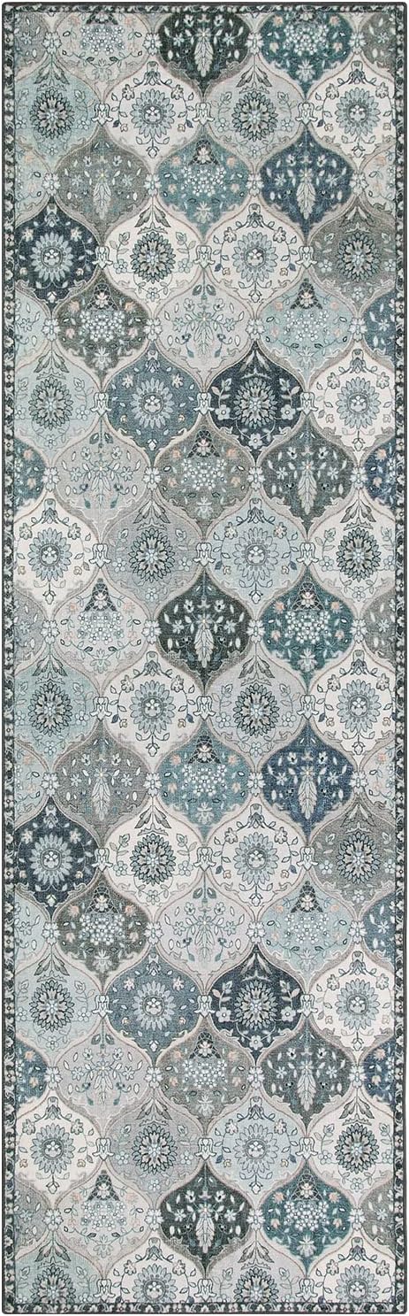 Lahome Moroccan Washable Runner Rug, 2'5''x8' Ultra-Thin Vintage Kitchen Runners for Hallways, Oriental Non-Slip Hallway Rug Carpet for Entryway Bedroom Laundry Room Foyer, Blue