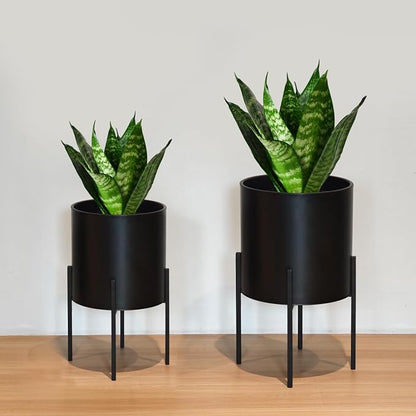 ARNIS Modern Plant Pots, Large Planters with Stand, Set of 2 Decorative Planters, Metal Plant Pots with Drainage Holes for Living Room, Office, Garden or Balcony, 10.5 &12.25 Inch, Black