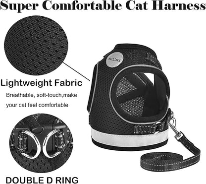 Cat Harness and Leash for Walking, Kitten Escape Proof Harnesses, Adjustable Reflective Puppy Harness with Leashes Set, Easy Adjustable Soft net Breathable Pet Safety Vest Black
