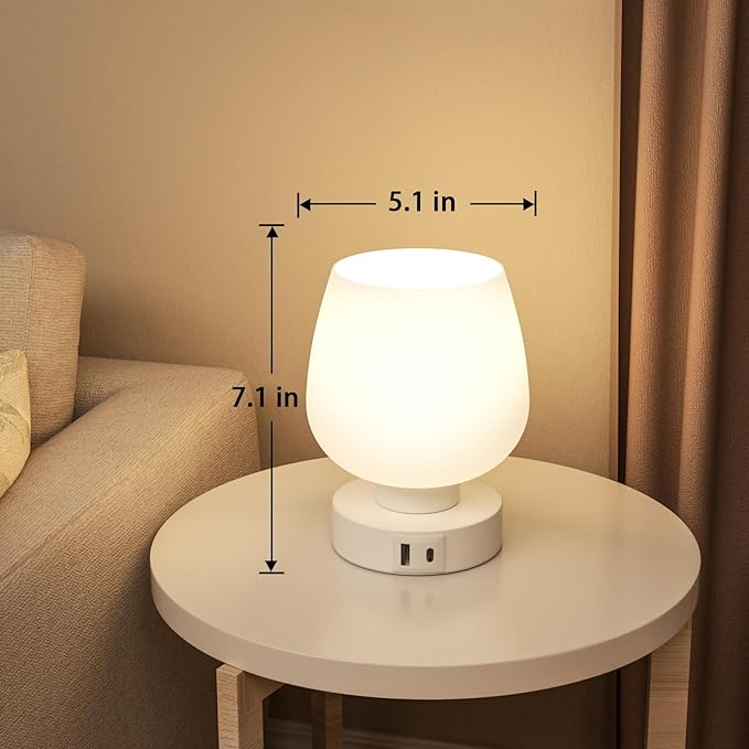 Touch Table Lamp for Nightstand - Bedside Lamp with USB C+A Charging Ports for Bedroom Living Room Night Stands, Desk Lamp with White Glass Shade for Small Spaces, 3 Way Dimmable, LED Bulbs, Gifts
