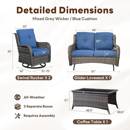 Belord 4 Piece Patio Furniture Set - Outdoor Glider Bench with Swivel Rocker Chairs and Coffee Table, High Back Small Outdoor Conversation Furniture Sets for Deck Sunroom Balcony Backyard