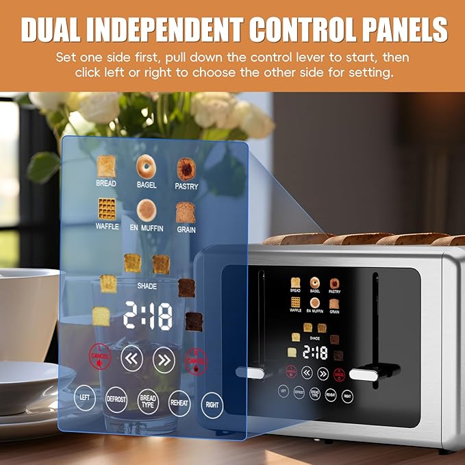 4 Slice Toaster, Touchscreen & Dual Independent Control Panel，5 Basic Functions