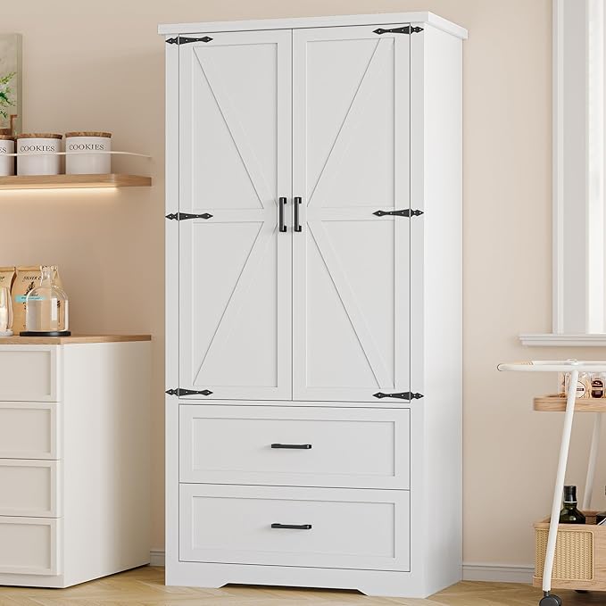 Pantry Organizers and Storage Cabinet, 71” Barn Door White Kitchen Cabinet
