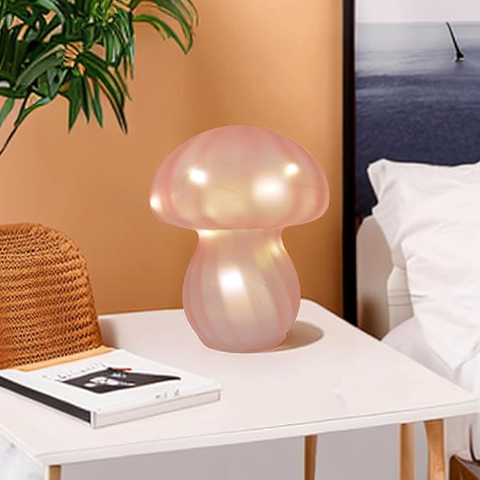 Mushroom Table Lamps Night Lights Cute Glass Nightstand Bedside Desk Lamps for Bedroom Living Study(Bulb Included) - Pink Stripes
