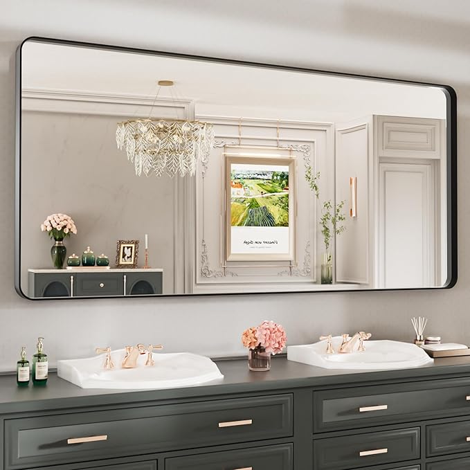 LOAAO 77X36 Inch Black Metal Framed Bathroom Mirror