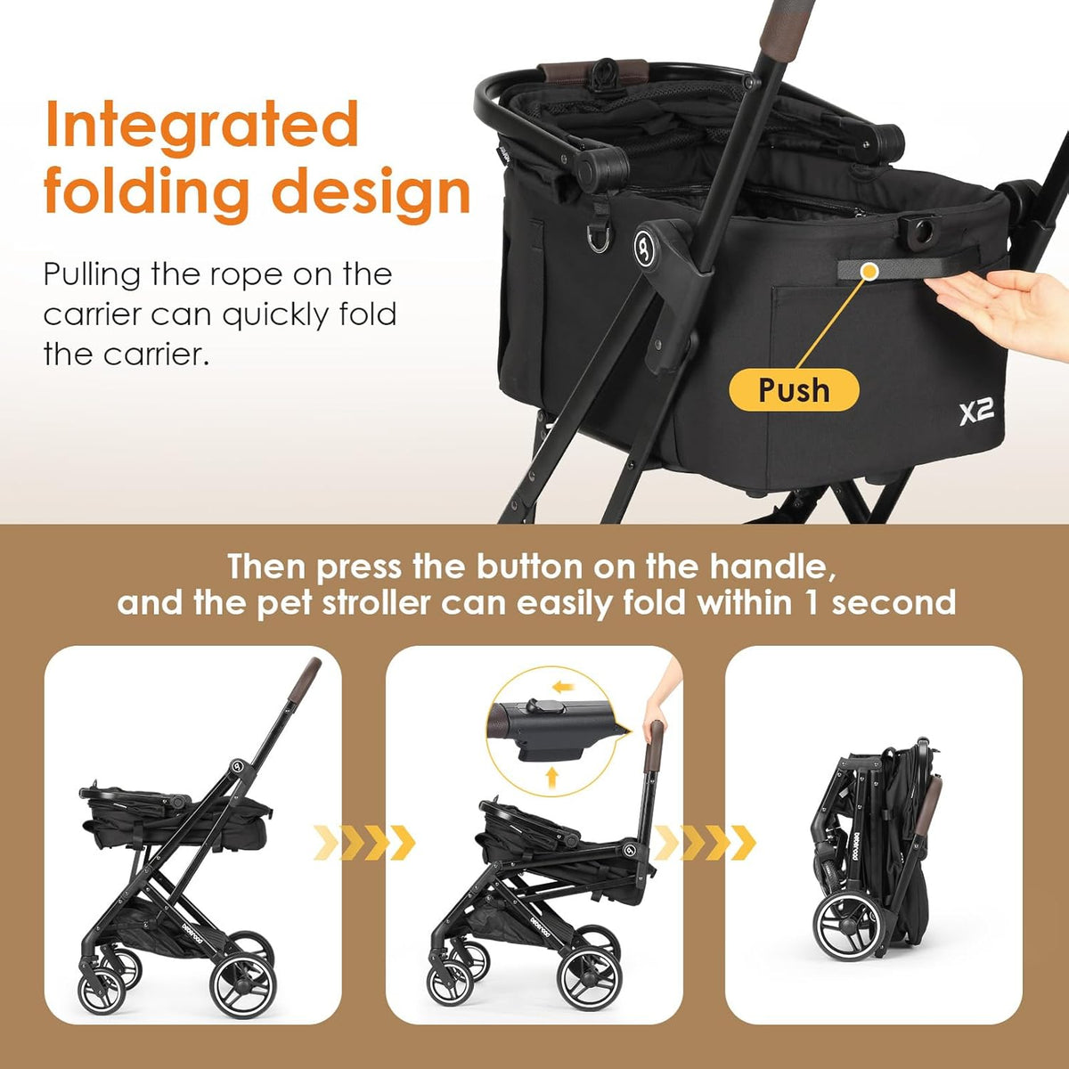 X2 Pet Stroller, Dog Cat Stroller for Small Pets Under 44lbs, Equipped with Detachable & Foldable Carrier, Waterproof Pad & Sunshade Canopy,Camel (Black)