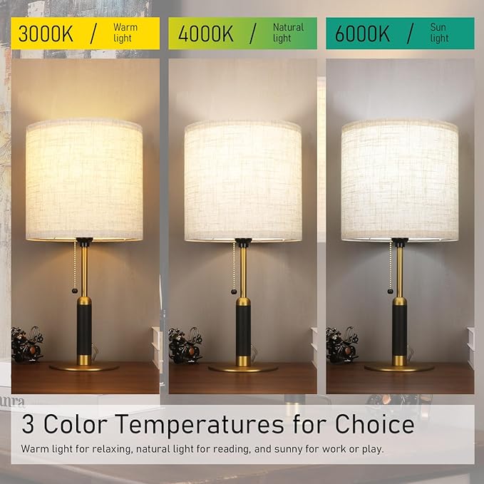 18.9" Set of 2 Small Vintage Table Lamp Bedside Lamps for Bedroom Nightstand Lamp for Living Room 3-Color Temperatures Pull Chain Wood Fabric for Home Office Dorm Decor (Light Brown+Brass)